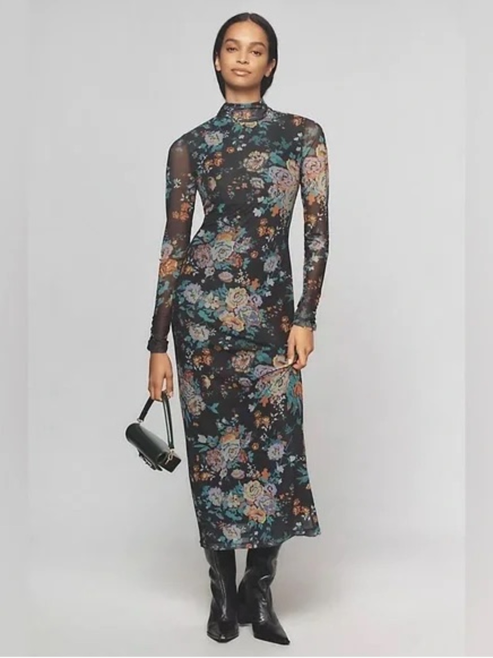 ANTHROPOLOGIE Stretchy Mesh Floral Mock-neck Bodycon Maxi Dress sz XS Cocktail - Picture 3 of 11